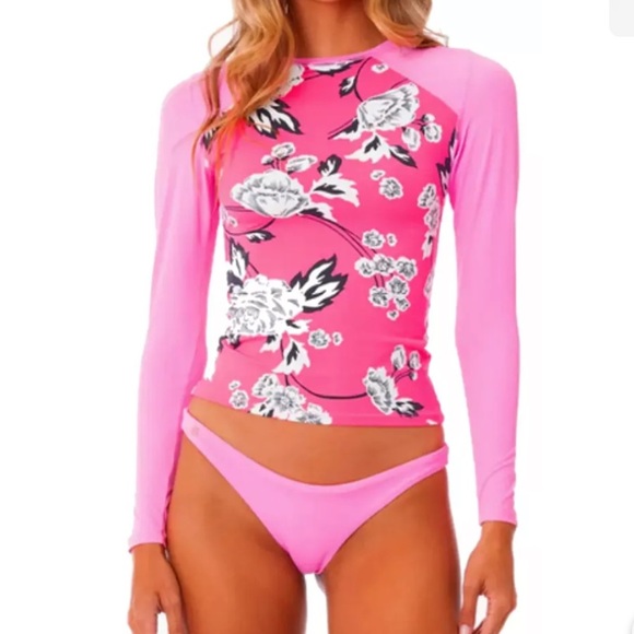 Maaji Diver RashGuard Large Pink Floral UPF 50+ Surf Paddle Swim Long Sleeve NWT - Picture 3 of 12